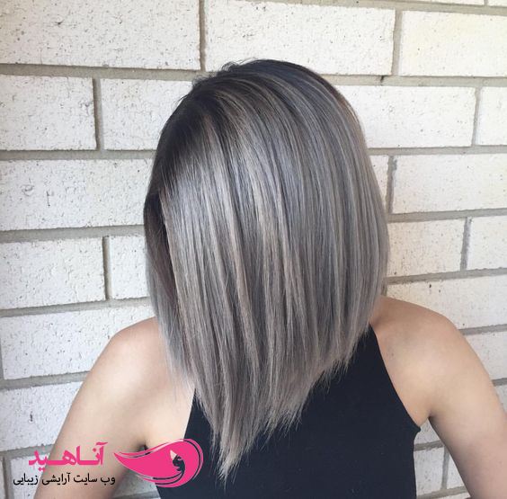Inverted glossy gray smoky hair color on straight hair 